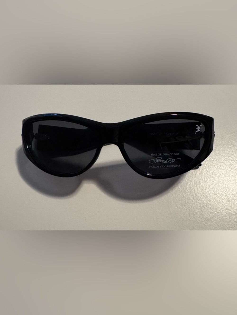 Ed Hardy Black Wrap Sunglasses Silver Gothic Cross Logo Y2K Unisex UV400